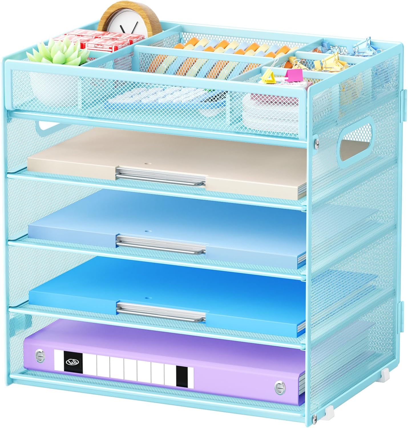 Marbrasse 5-Tier Letter Tray Paper Organizer with Handle, Multi-Functional Mesh File Organizer for Desk, Adjustable Compartments Mesh Desktop Storage for Office Supplies,Black