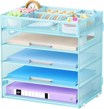 Marbrasse 5-Tier Letter Tray Paper Organizer with Handle, Multi-Functional Mesh File Organizer for Desk, Adjustable Compartments Mesh Desktop Storage for Office Supplies,Black