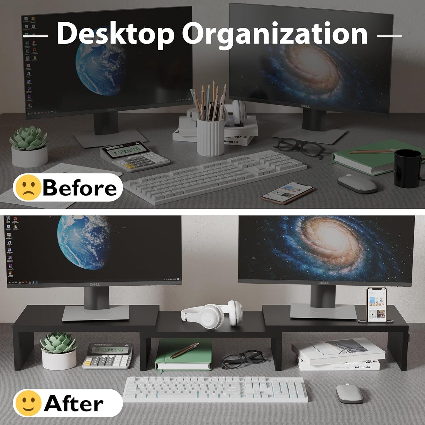 BONTEC Dual Monitor Stand Riser with Smartphone Holder, Adjustable Length & Swivel Angle, Ergonomic Wooden Desktop Organizer for PC Monitor, Laptop, Printer, Large Storage, White
