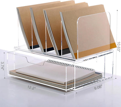 DINGHUO Acrylic Desk Organizers and Accessories, Clear Paper File Folder Organizer Letter Tray Sliding Drawer with 4 Upright Sections File Holder, Office Supplies Workspace Organizers - 1 Pack