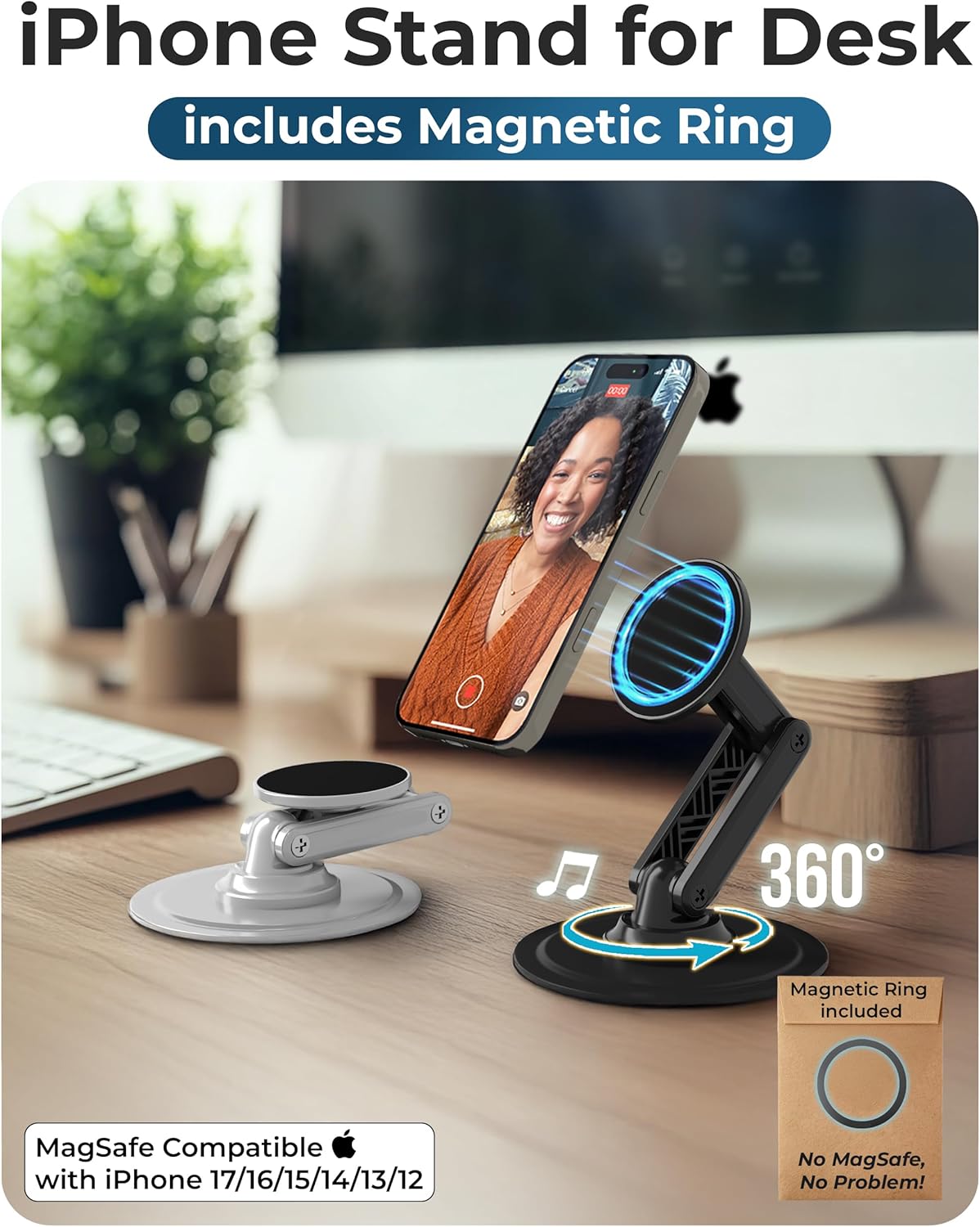 COOPER Mag360, Desktop MagSafe Stand for iPhone 17 Pro Max (16/15/14/13/12), Magnetic Phone Holder for Desk, 360° Rotating, Height Adjustable, Magnetic Phone Stand for Desk, with Metal Ring (Black)