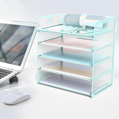 Letter Tray Paper Organizer 5-Tier Desk Organizer File Organizer Paper Holder with Handle, Metal Desktop Document Shelf Tray Office Classroom Organization - Black