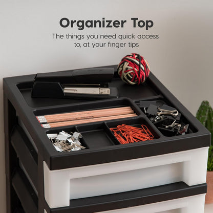 IRIS USA Plastic Drawer Storage Organizer Rolling Cart, with Wheels Casters, 4-Drawers, for Classroom Art Craft Supplies Dresser Closet Bathroom Laundry Room, Black/Pearl