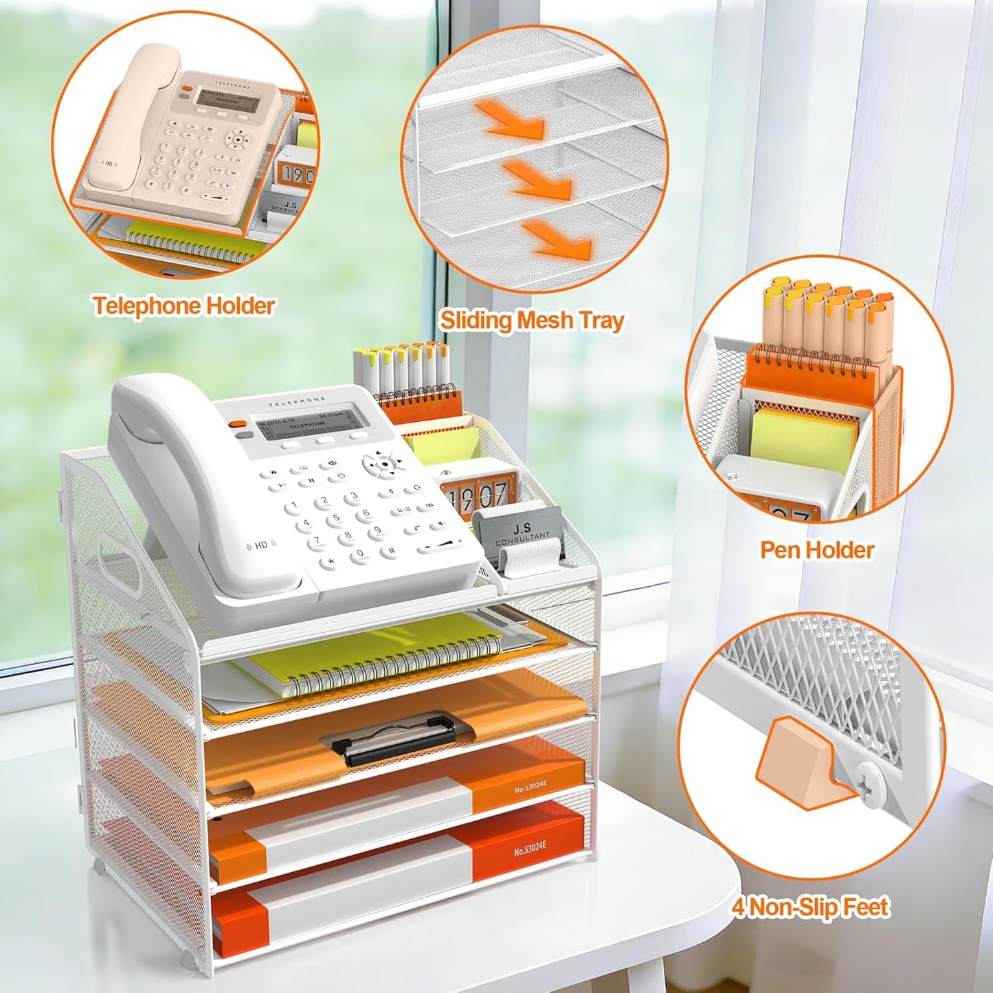 DocNest 4 Tier Metal Mesh Letter Tray - Space Saving Desk File Organizer with Handle, Pen Holder & Folder Holder - Desktop Document Sorter for Office, Home, School, Classroom - Black