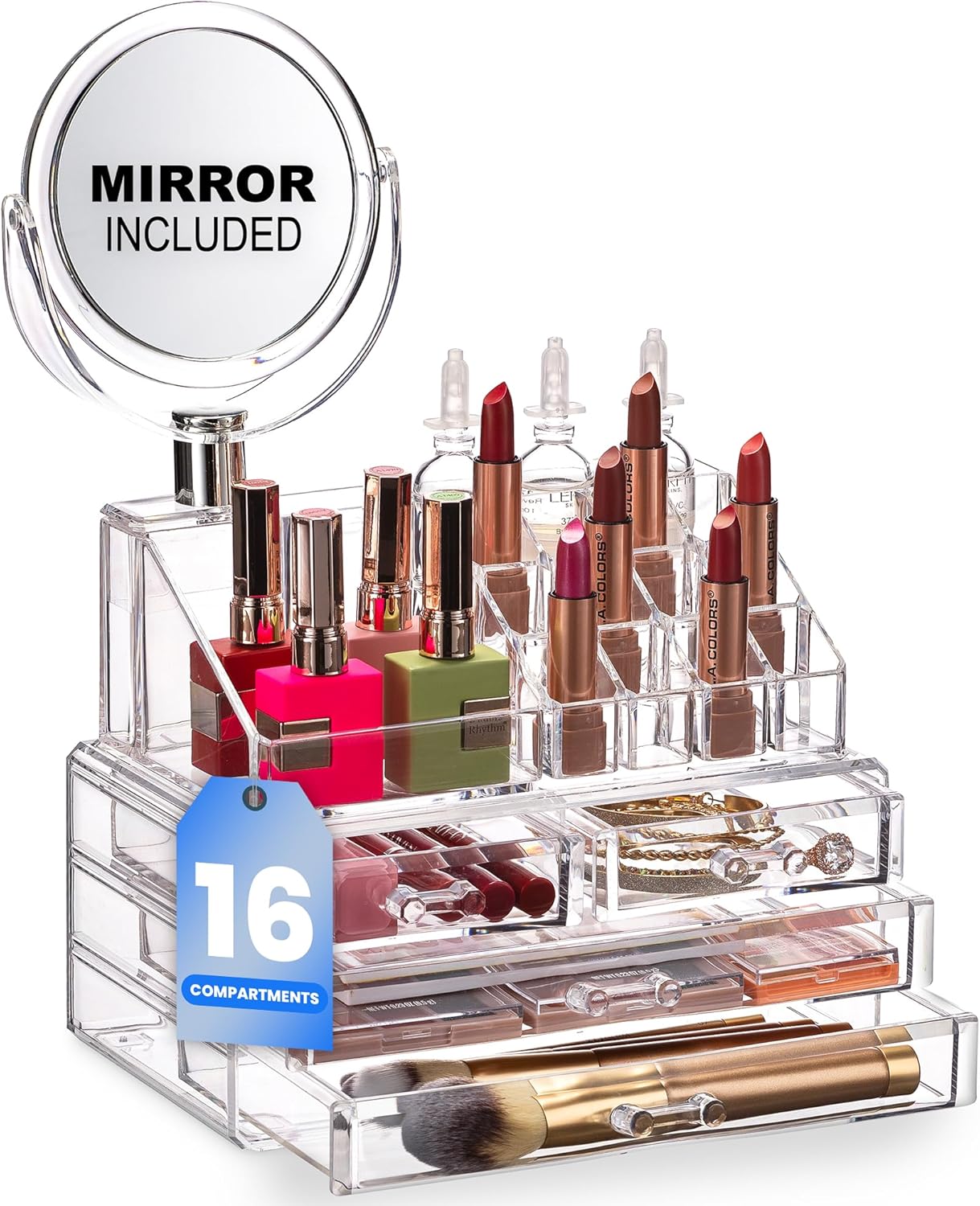 Masirs Clear Makeup Organizer - 16-Compartment Cosmetic and Jewelry Holder with 4 Drawers - Vanity Storage Box for Makeup, Skincare, Accessories, and Jewelry Display