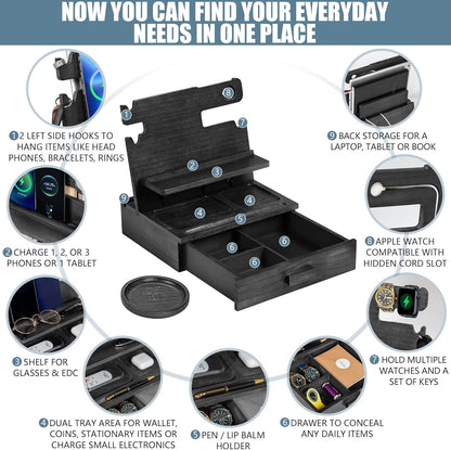 Black Wood Phone Docking Station for up to 3 Phones - Nightstand Organizer with Drawer for Valuables for Men & Women, Compatible With Apple Watch, Holds Phones, Tablets, Keys, Rings, Glasses, EDC
