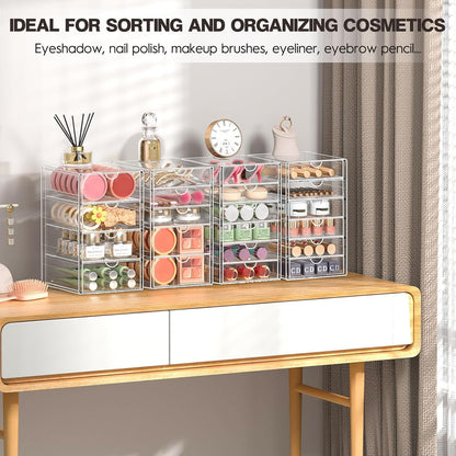 AMALEKO Acrylic Drawer Organizers - 21 Drawers 4 Set - Clear Storage Drawers for Office Supplies - Stackable Makeup Organizer - Dustproof Desk Organizers for Makeup, Jewelry, Pen, Stationary