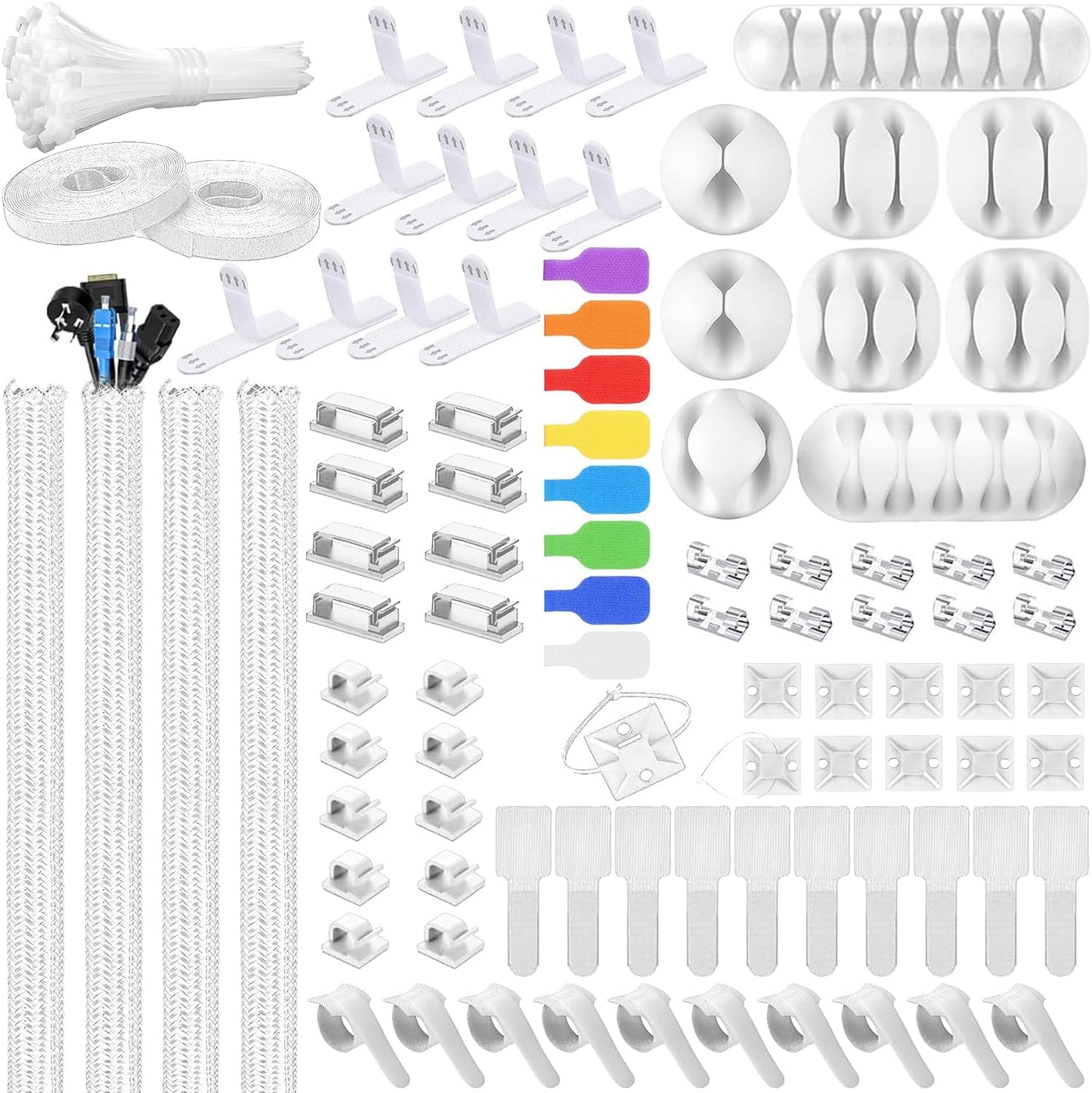 Cable Management Kit - 4 Cable Sleeve, 57 Self Adhesive Cable Clips, 12 Hanging Strips, 12 Cable Organizer Straps and 100 Fastening Cable Ties for TV Computer Under Desk (Black and White)