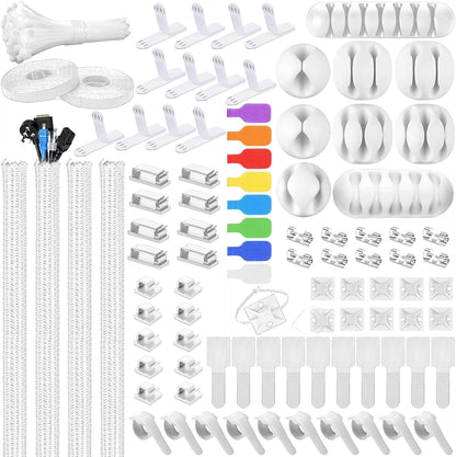 Cable Management Kit - 4 Cable Sleeve, 57 Self Adhesive Cable Clips, 12 Hanging Strips, 12 Cable Organizer Straps and 100 Fastening Cable Ties for TV Computer Under Desk (Black and White)