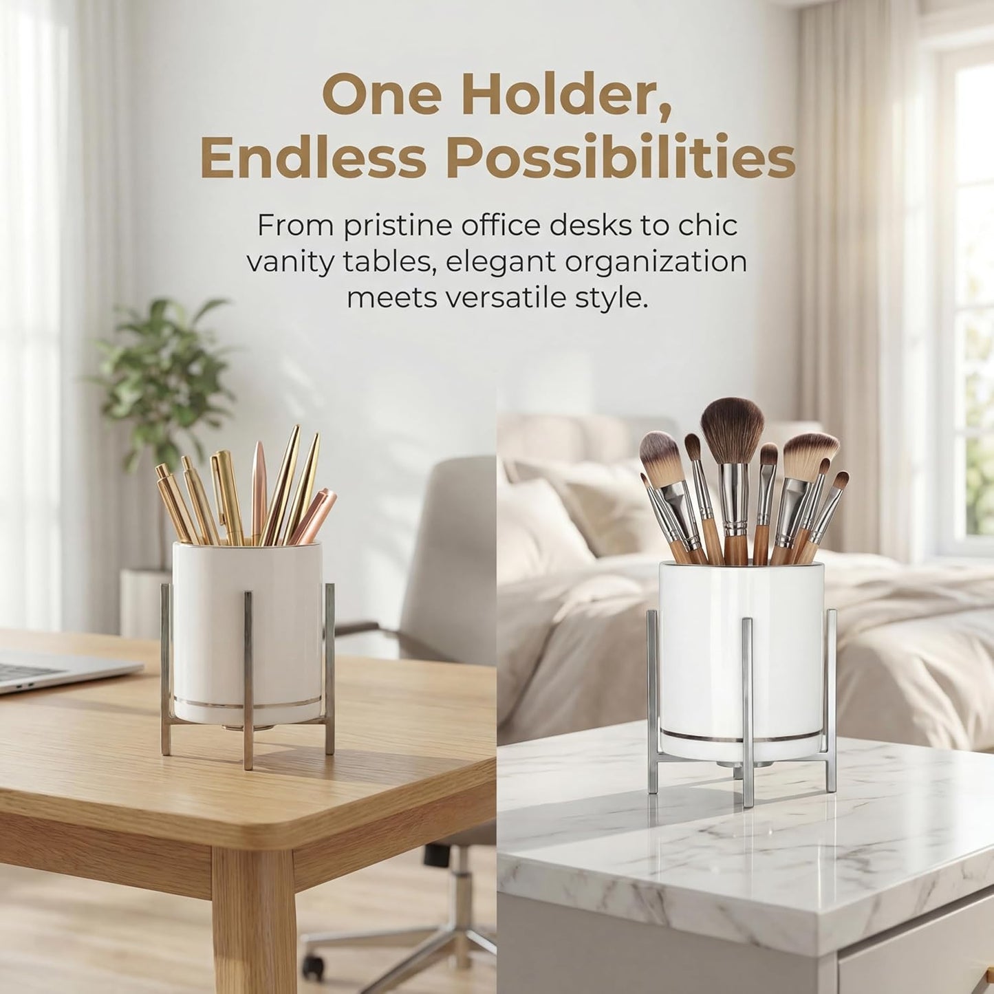 4.72" Gold Pen Holder Aesthetic Pencil Holder for Desk, Gold Desk Organizers and Accessories for Women Girls, Ceramic Pen Holder for Office
