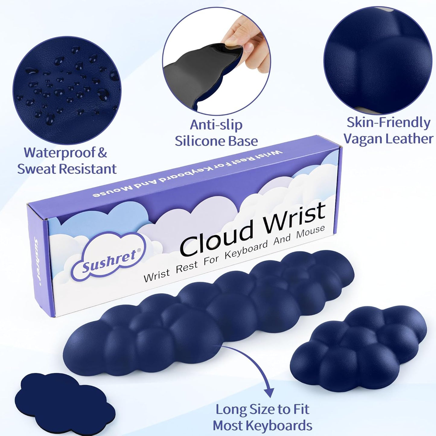 Sushret Cloud Wrist Rest Keyboard, Cloud Keyboard Wrist Pad Set with PU Leather Memory Foam, Cute Arm Rest for Palm Support, PC/Gaming Desk Accessories/Office Setup/Computer Hand Cushion - White