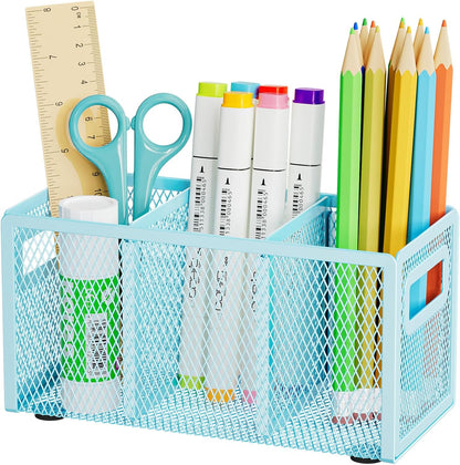 Marbrasse Mesh Pen Holder for Desk,Pencil Holder Desk Organizer 3 Adjustable Compartments,Pencil Cup with Handle Perfect for Classroom, Office, Home,Makeup,Art (Black)
