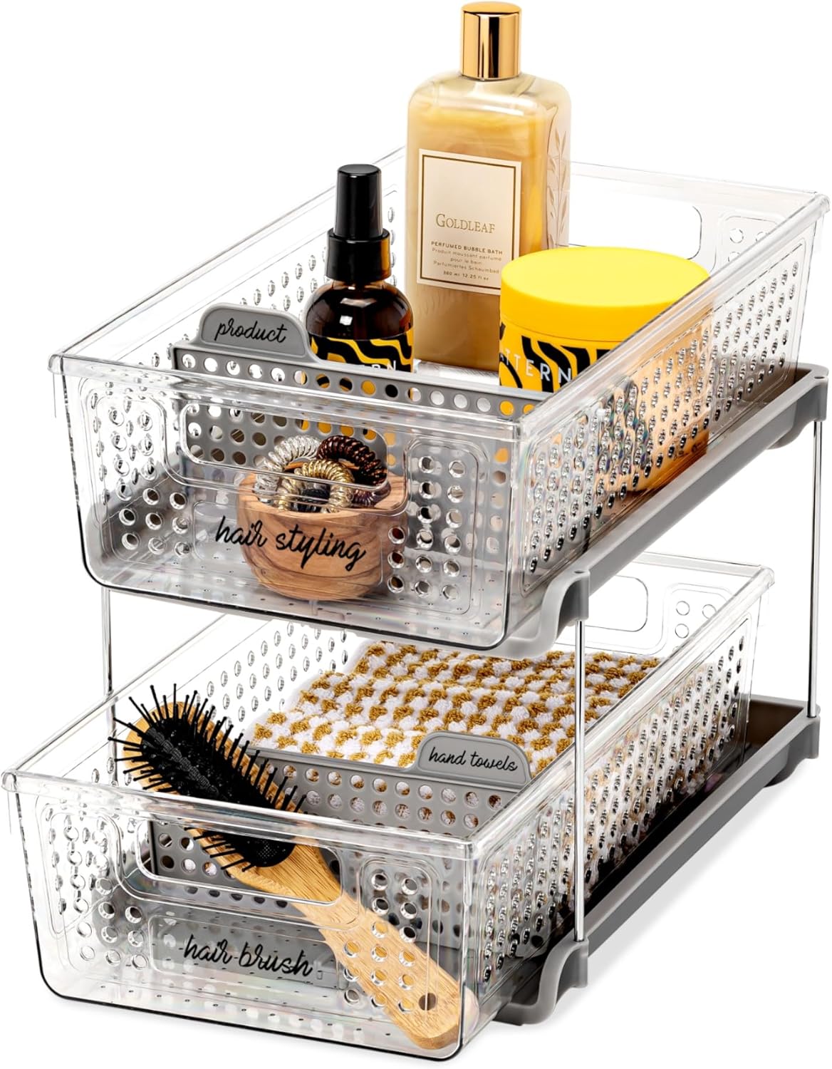 madesmart Two-Tier Bathroom Cabinet Organizer, Sliding Drawer Storage for Bottles, Sponges & Cleaning Supplies, Blue