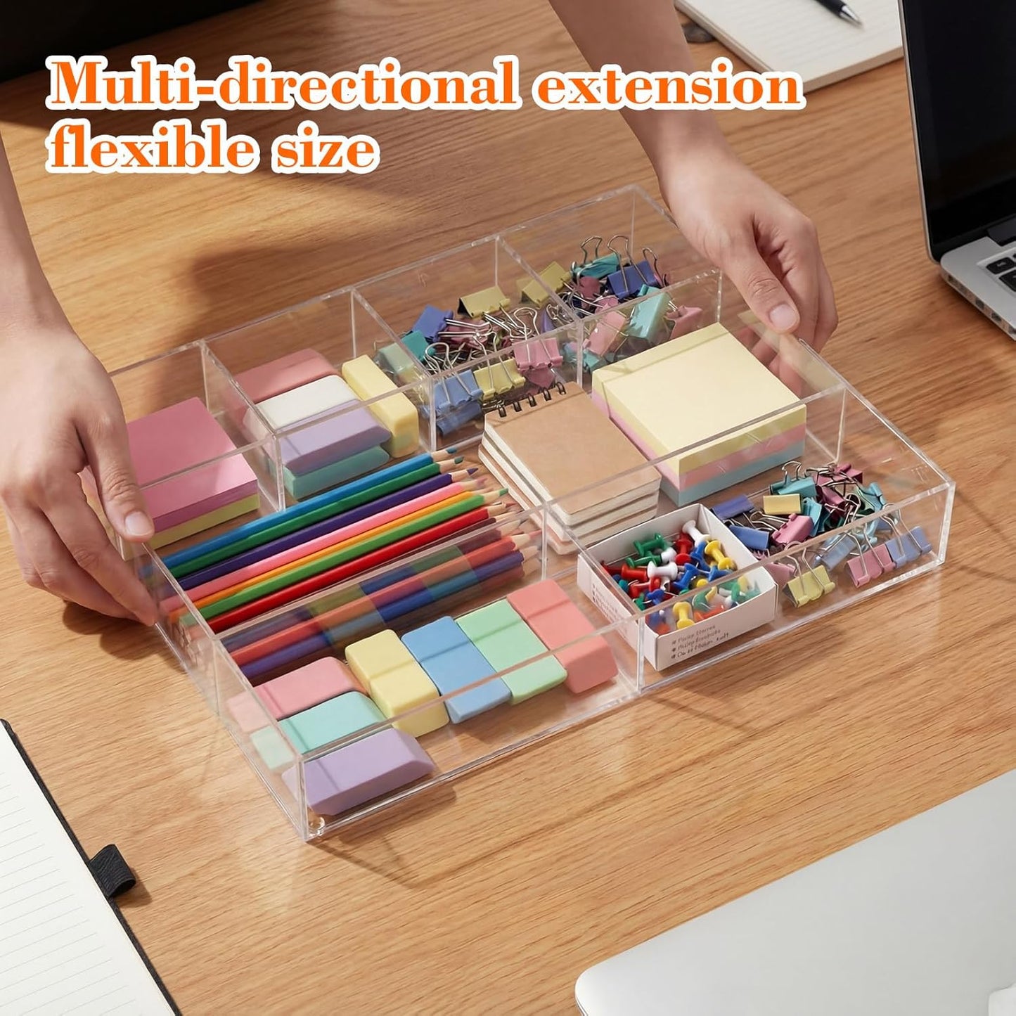 Large Acrylic Desk Deep Drawer Organizer with Adjustable Dividers, Anti-skip Clear Desk Top Junk Drawer Storage Tray for Pens, Desktop, Office, Bathroom, Kitchen, Makeup Supplies(7 Compartments)