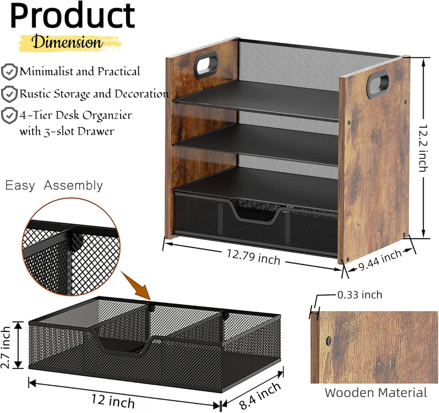 Wood Desk Organizer - 3-Tier Desktop File Organizer with Drawer, Wooden Paper Tray, Office Desk Organzier and Accessories for Papers, Mail, Notebooks, Stationery