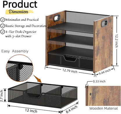 Wood Desk Organizer - 3-Tier Desktop File Organizer with Drawer, Wooden Paper Tray, Office Desk Organzier and Accessories for Papers, Mail, Notebooks, Stationery