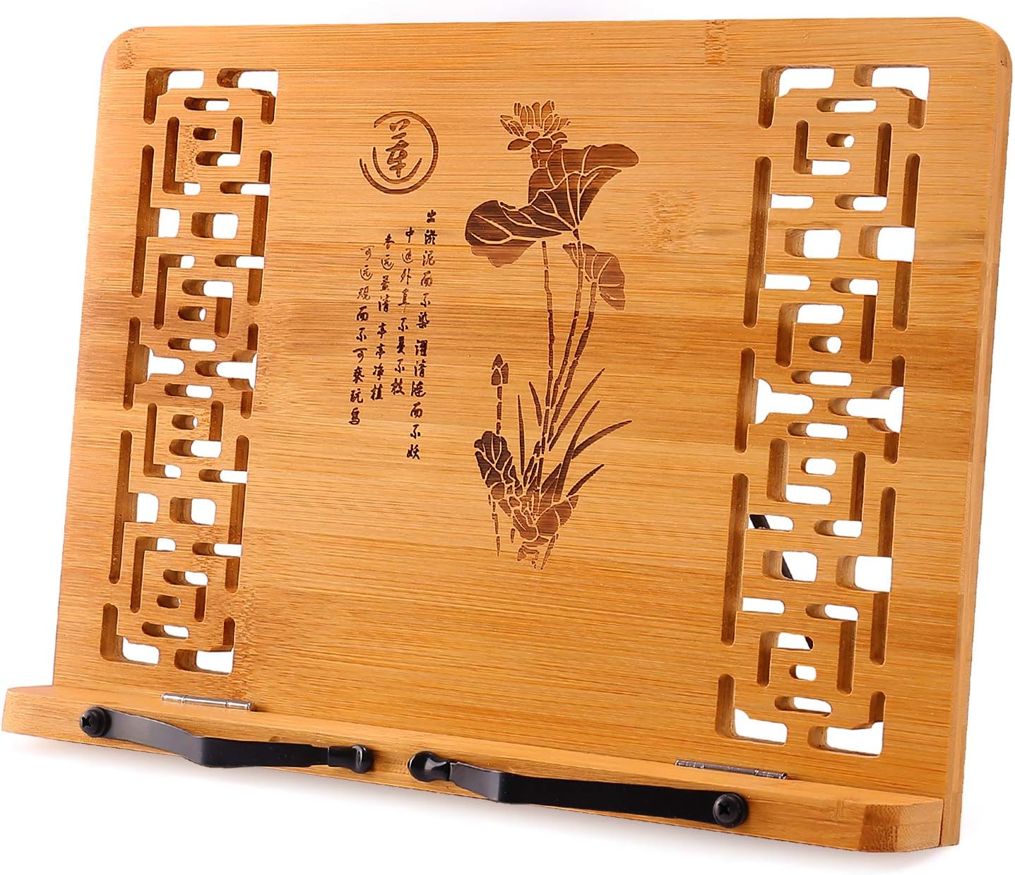 MEGREZ Bamboo Book Stand (13.2 x 9.4 inch) for Reading, Kitchen Cookbook Holder, Adjustable for Tablet/Textbook, Hollow Bookrest, Panda