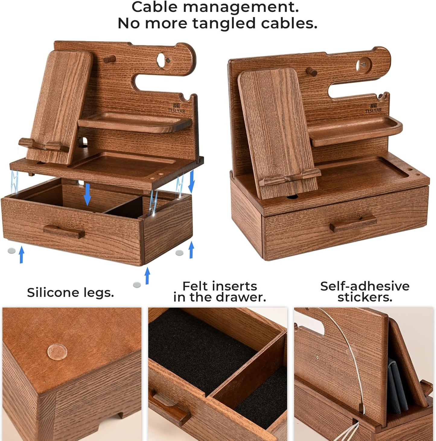 TESLYAR Wood Phone Docking Station with Drawer - Nightstand Organizer - Desk Organizer for Husband - Birthday Gifts for Men, Dad, Anniversary Idea, Key Holder Stand Watch & Accessories (Antique Brown)