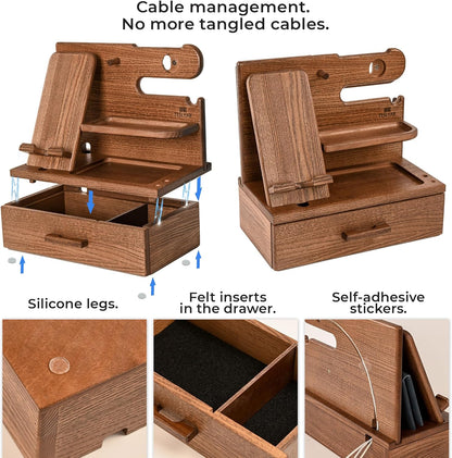 TESLYAR Wood Phone Docking Station with Drawer - Nightstand Organizer - Desk Organizer for Husband - Birthday Gifts for Men, Dad, Anniversary Idea, Key Holder Stand Watch & Accessories (Antique Brown)