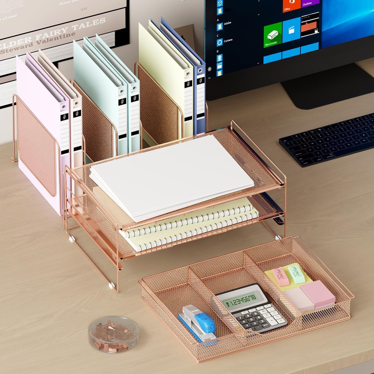 LEKETREE Desk Organizer, Office Organization with Vertical File Holder, File Organizer with Drawer and Pen Holder, Desk Accessories and Workspace Organizers for Home Office (Black)
