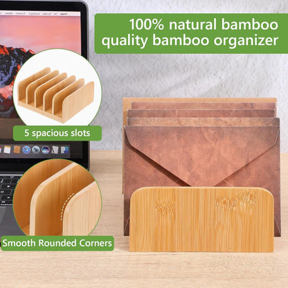 Kifmurase 2Pcs Desk Mail Organizer with Divider, Bamboo File Holders, Vertical Letter Sorter for Desktop, Countertop Paper Organizer, 5 Compartments Envelope Holders for Bill, Document, Notebook