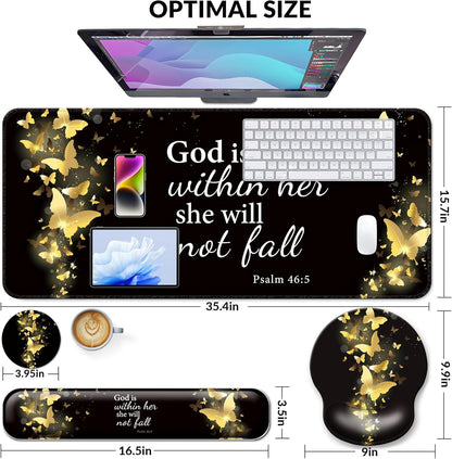 Desk Mat Set + Keyboard and Mouse Pad with Wrist Rest Support,4-in-1 Large Mousepad Computer Mats for Desktop Home & Office-Purple Butterflies