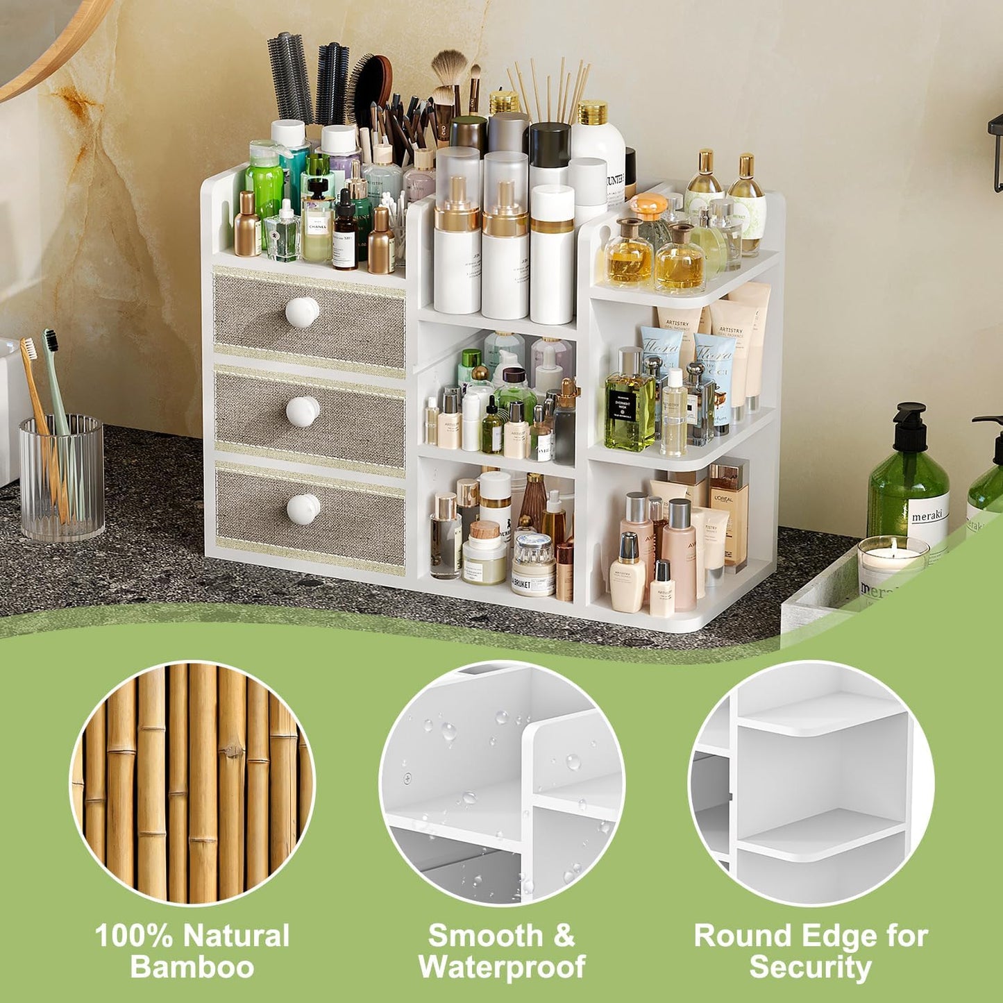 Large Makeup Organizer For Vanity, Large Capacity 3 Tiers Bamboo Bathroom Counter Organizers and Storage, Countertop Makeup Brush Holder, Nail Polish Perfume Stand with 3 Drawers and 10 Compartments