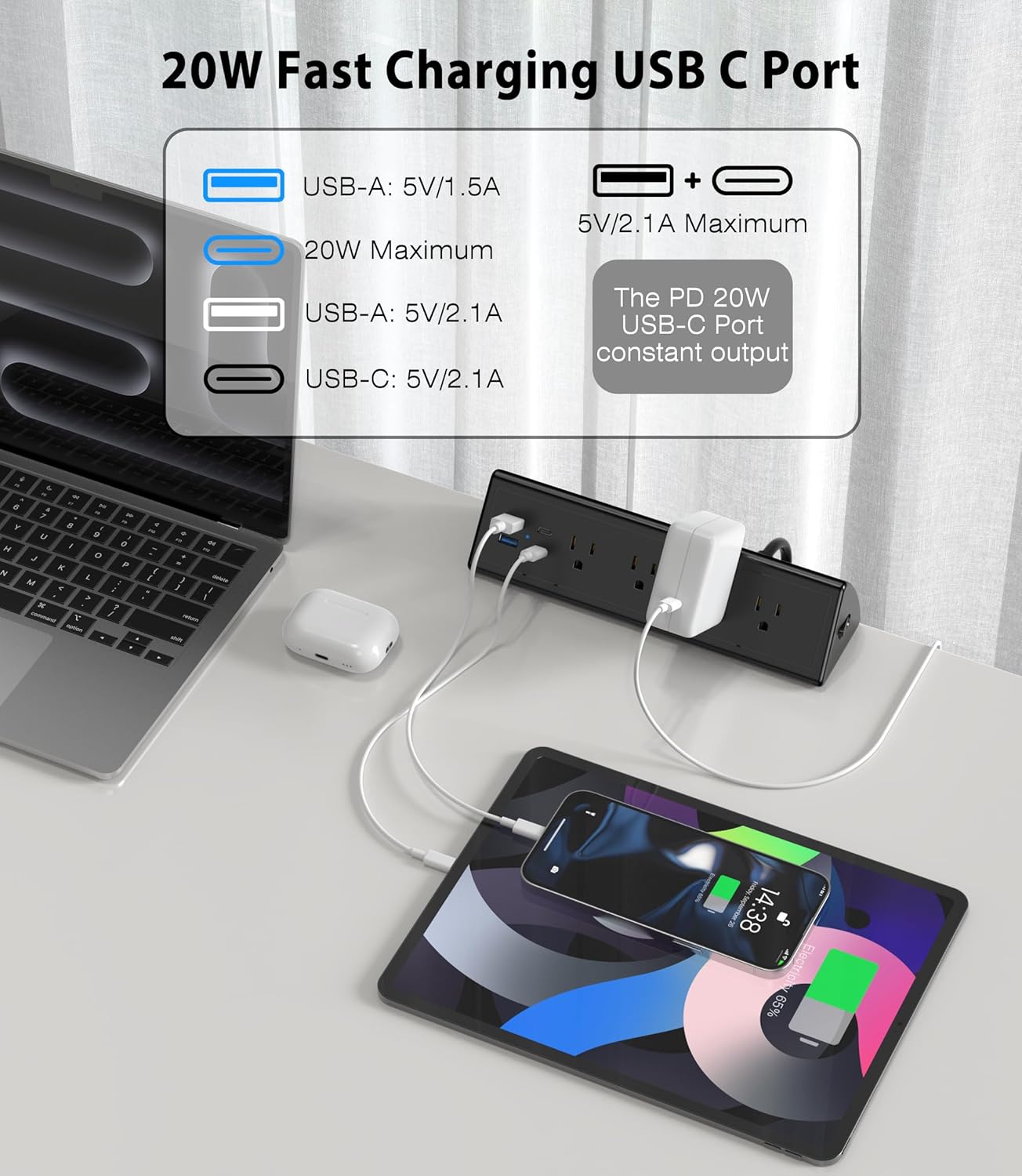 Jgstkcity Desk Clamp Power Strip,20W Fast Charging Station,Surge Protector Nightstand Edge Mount,1875W Extension Cord with Multiple Outlets,2 USB-C,2 USB-A,for Home Office (Black, 6 FT)