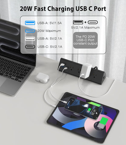Jgstkcity Desk Clamp Power Strip,20W Fast Charging Station,Surge Protector Nightstand Edge Mount,1875W Extension Cord with Multiple Outlets,2 USB-C,2 USB-A,for Home Office (Black, 6 FT)