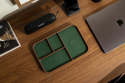 MUUJEE Leather Catchall Multitray (Design 3) - 11.65 x 7.75 x 0.8, Nightstand Entryway Bedside Dump Tray Valet Organizer for Keys Phone Wallet Watch Glasses Pens, Office Desk Accessory for Men, Green