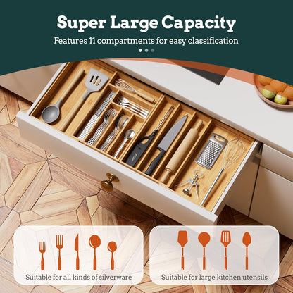 Silverware Organizer Large, Magnetic Connected Expandable 13 Slots Silverware Drawer Organizer From 21 to 37.4 Inches, Adjustable Flatware and Cutlery Holder, Bamboo Utensil Tray for Kitchen Natural