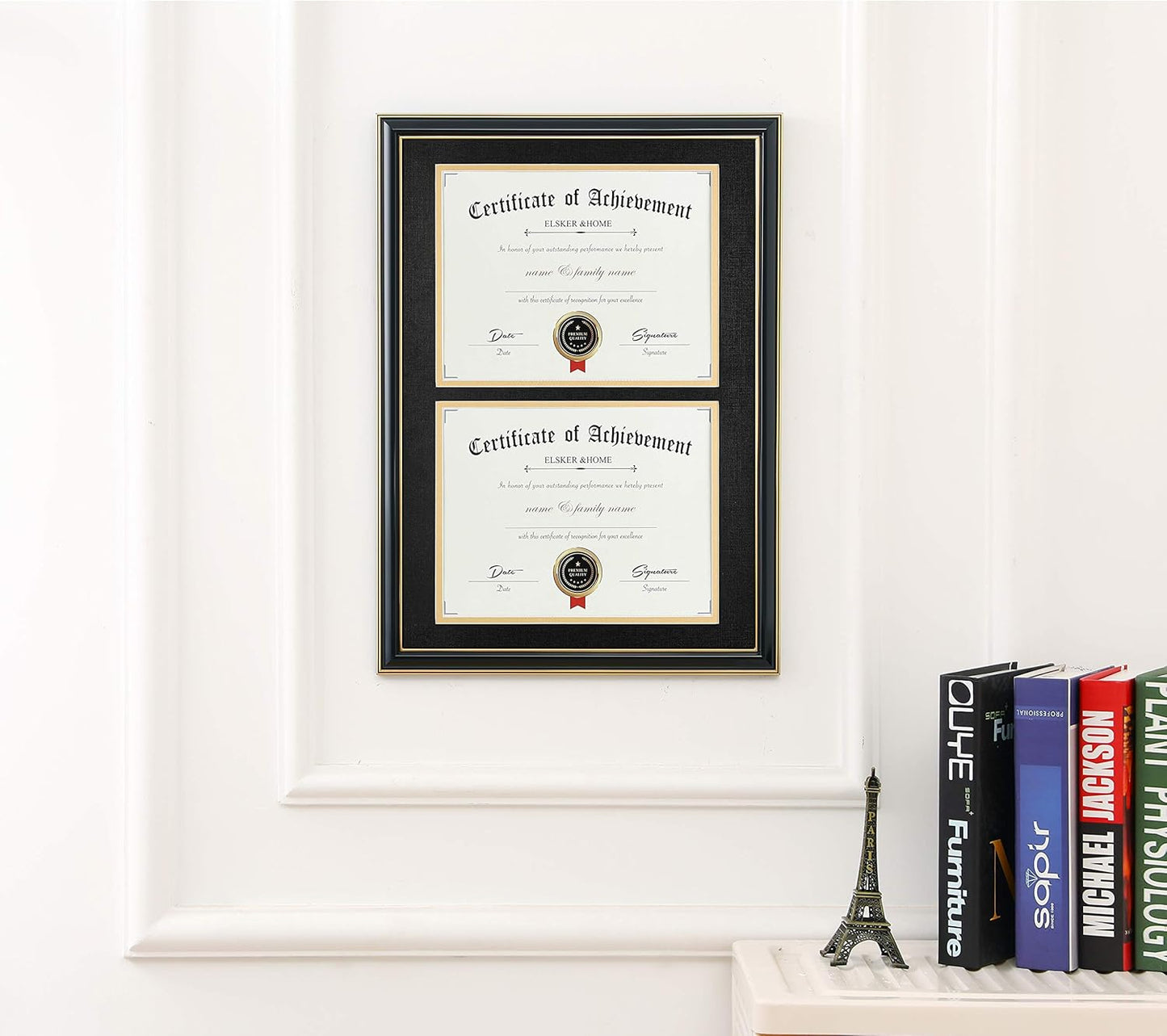 ELSKER&HOME Diploma Frame - Wide Solid Wood Frame - Black Velvet Golden Rim Mat - Semi-Tempered Glass - Includes Hanging Hardware and Desktop Easel(ONLY Display 11×14 Document/Certificate)