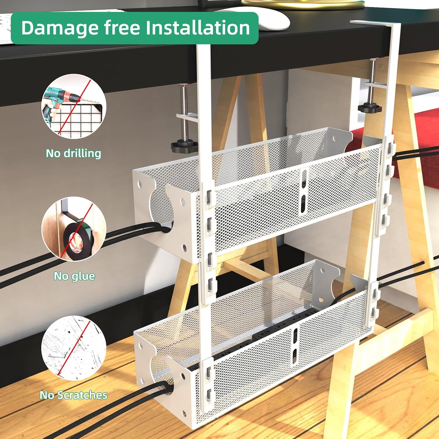 Multi-Model Under Desk Cable Management Tray 2 Packs Metal Under Desk Wire Management Clamp Mount Under Table Cord Management No Damage The Desk (Black)