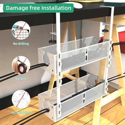 Multi-Model Under Desk Cable Management Tray 2 Packs Metal Under Desk Wire Management Clamp Mount Under Table Cord Management No Damage The Desk (Black)