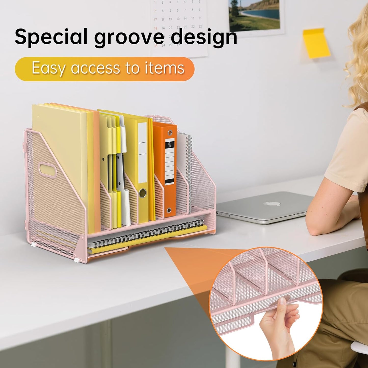 Docnest Desk File Holder Sorter, 4 Vertical Compartments Rack with Letter Tray, Mesh Magazine File Holder with Handle,Workspace Organizers,Desk Organizers for Paper, Mail, Documents-Black