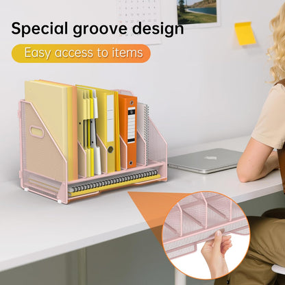 Docnest Desk File Holder Sorter, 4 Vertical Compartments Rack with Letter Tray, Mesh Magazine File Holder with Handle,Workspace Organizers,Desk Organizers for Paper, Mail, Documents-Black