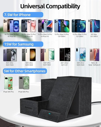 Wireless Charger with Desk Organizer, Pen Pencil Holder, Multifunctional Desktop Organizer, Office Supplies and Desk Accessories Organizer with 3 Compartments and 1 Phone Stand