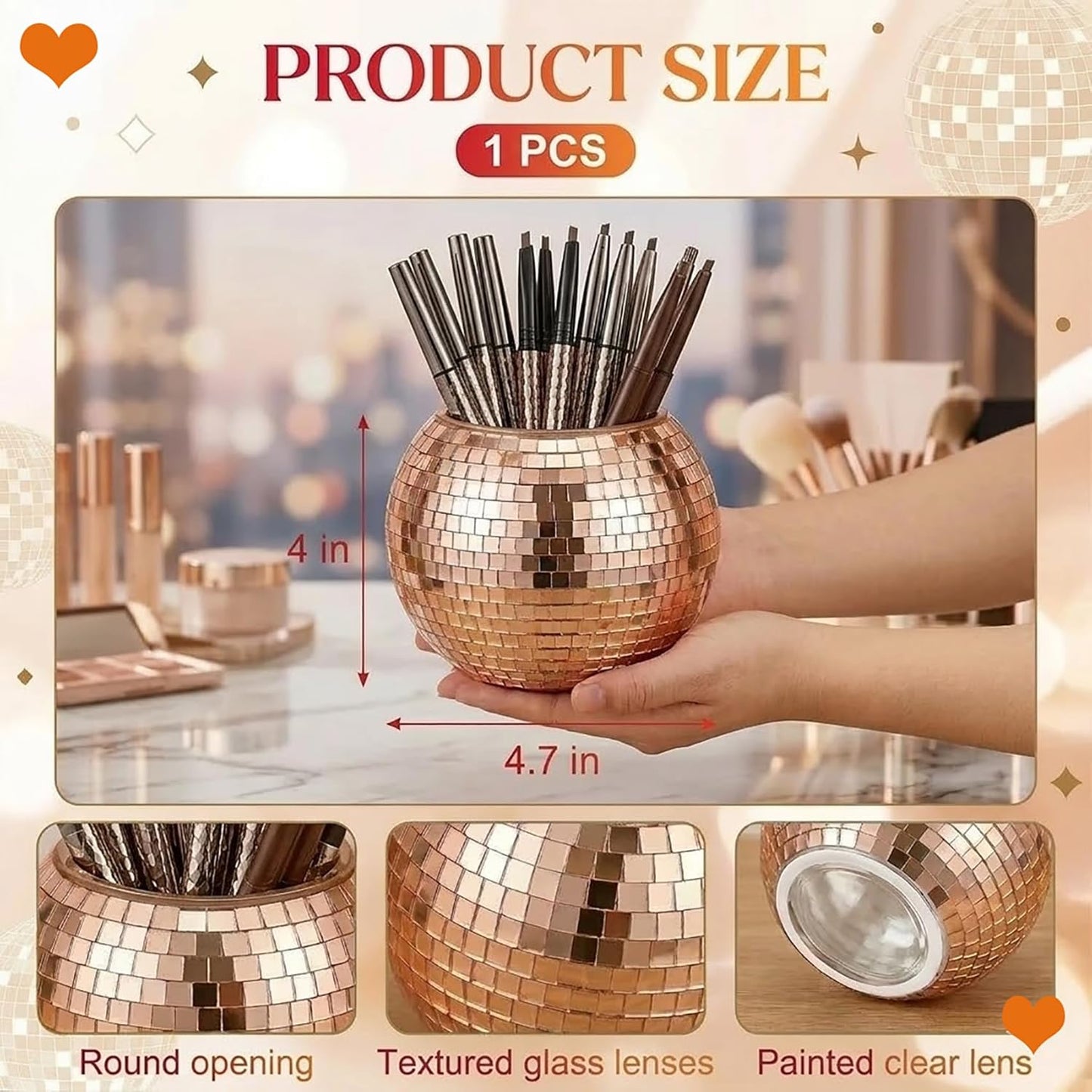 Disco Ball Makeup Brush Holder & Pen Cup - Fun Desk Accessories for Office, Cute Aesthetic Room Decor, 4.7 inch Unique gift vase for Her (rosegold)