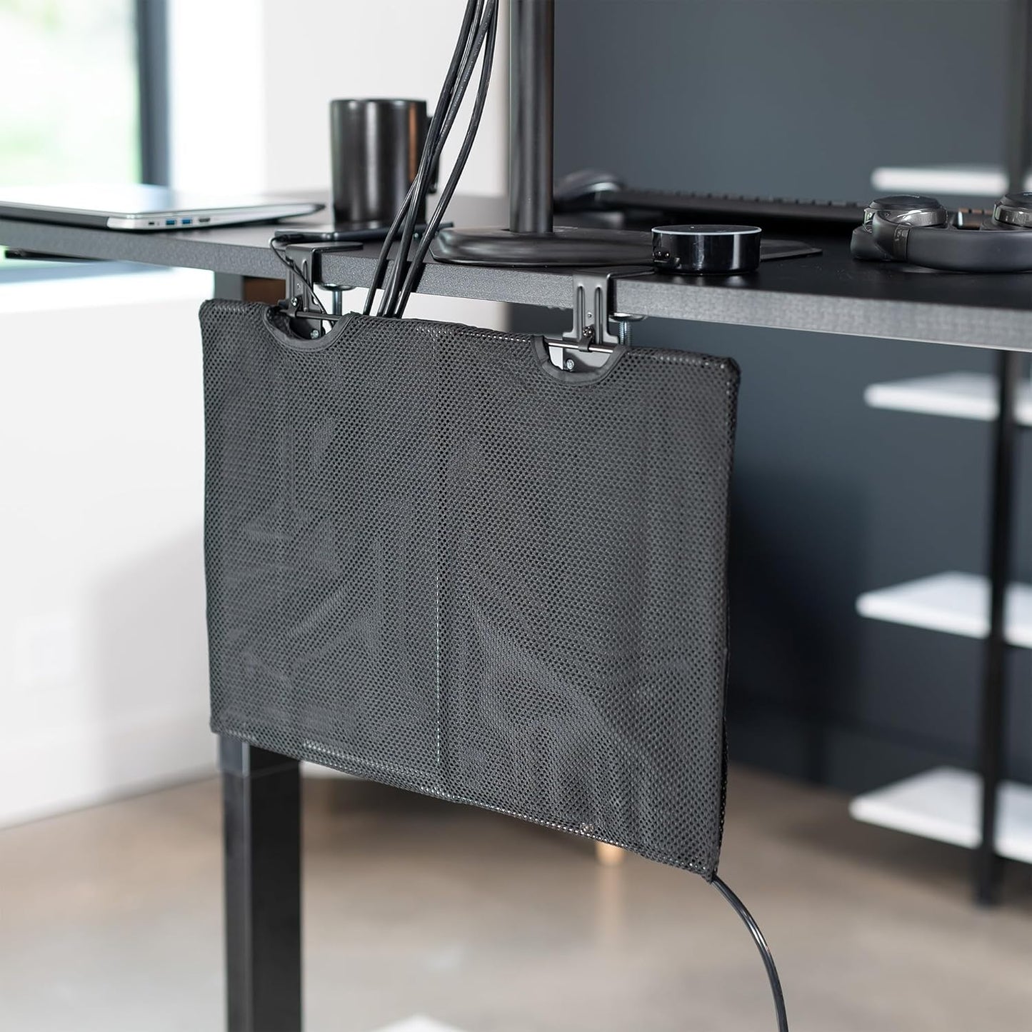 VIVO 48 Inch Clamp-on Privacy and Cable Management Organizer Sleeve, Wire Hider Kit Panel System, Desk Skirt, Black, DESK-SKIRT-48P