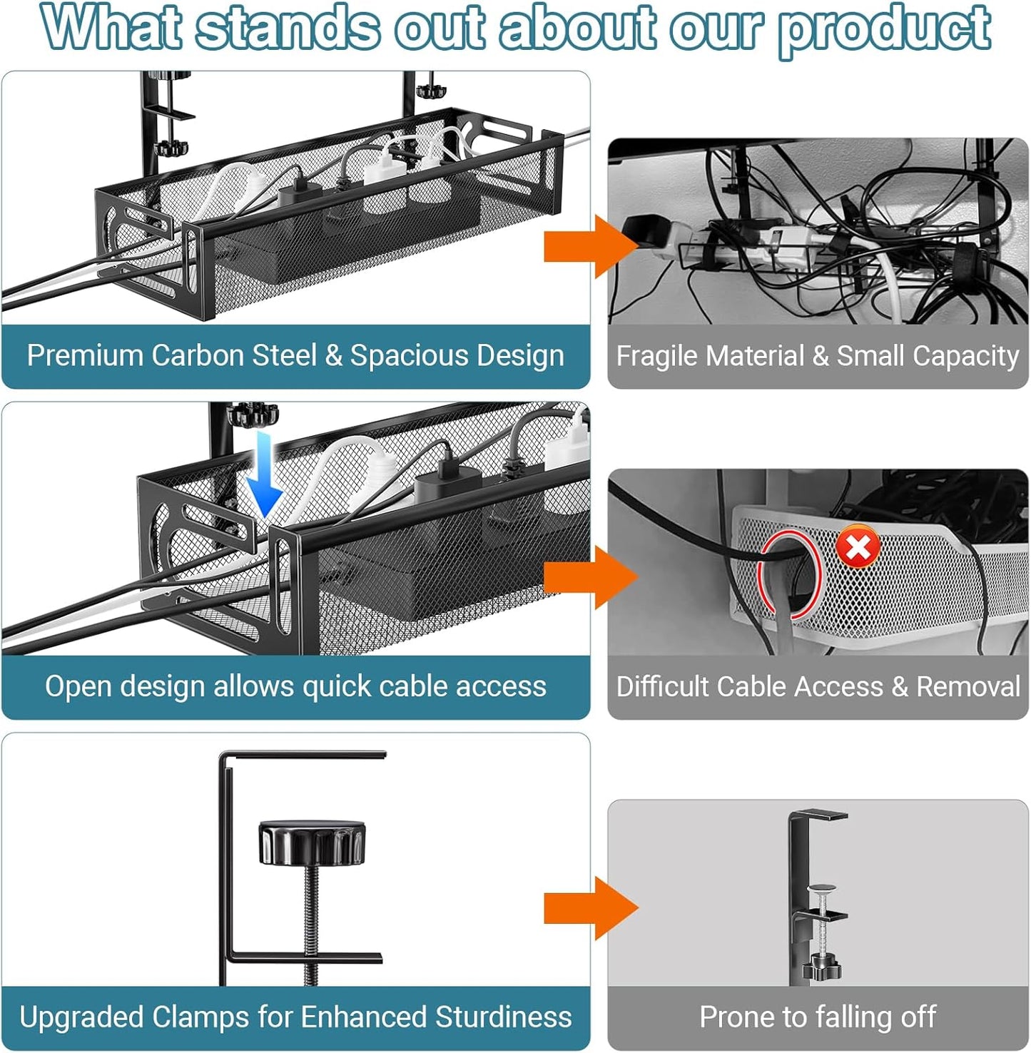 No Drill Under Desk Cable Management Tray, SONATURE 15.7" Cord Organizer for Table, Clamp Mount Desk Cable Management, Premium Carbon Steel Cable Organizer for Office, Home (Black)