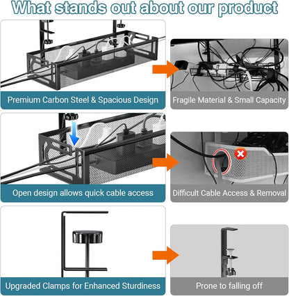 No Drill Under Desk Cable Management Tray, SONATURE 15.7" Cord Organizer for Table, Clamp Mount Desk Cable Management, Premium Carbon Steel Cable Organizer for Office, Home (Black)