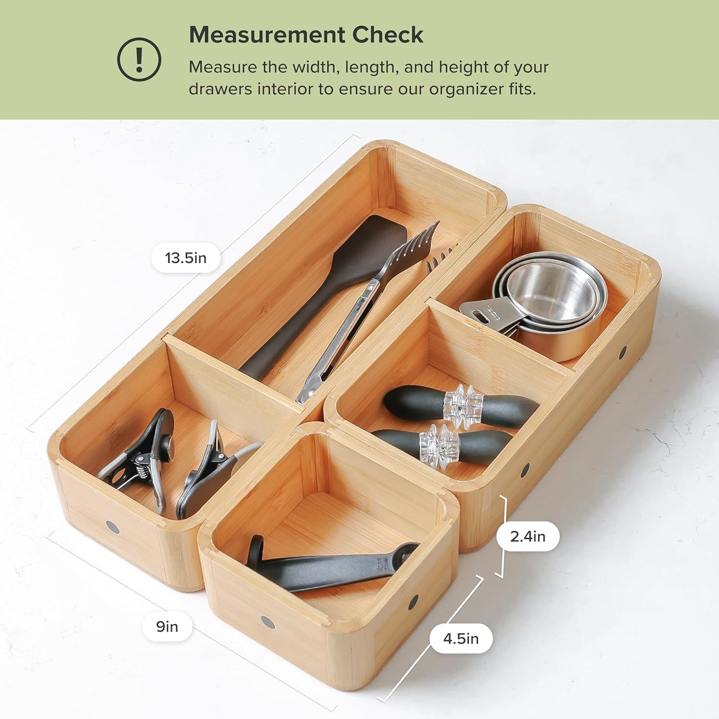 Modular Drawer Organizer Set – Kitchen Edge Storage with 3 Containers & 5 Compartments, Magnetic with Removable Inserts, Stackable, Rubber Liners & Non-Slip Base, 9in x 13.5in x 2.4in, 100% Bamboo