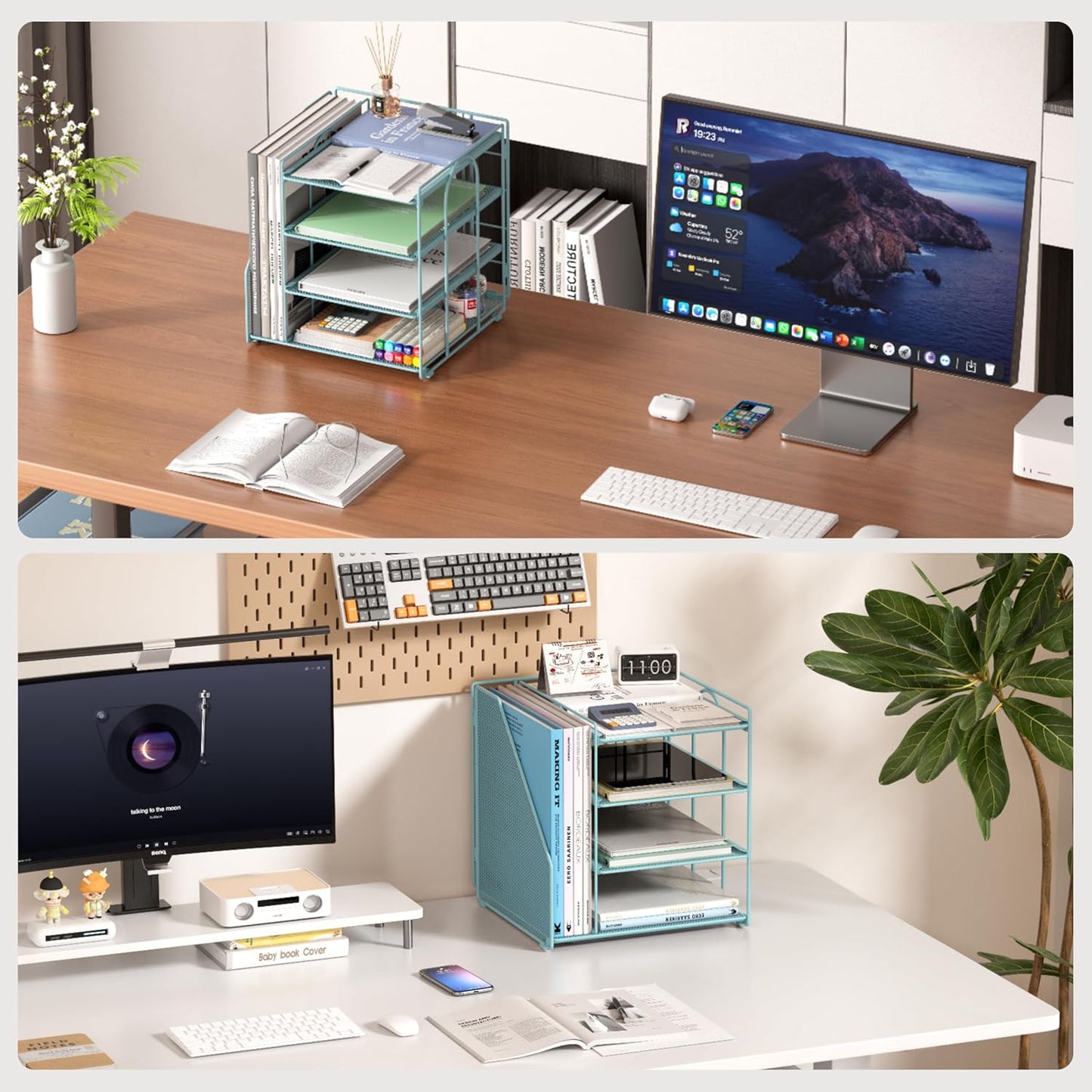 Desk Organizer, 4-Tier Metal File Organizer for Desk with Vertical File Holder, Office Accessories and Desktop Storage for Office Supplies (Black)