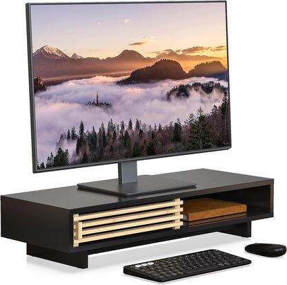 Monitor Stand Riser with Sliding Door, Computer Laptop Stand Desk Shelf Organizer with Storage (Natural Bamboo, 25 Inch)