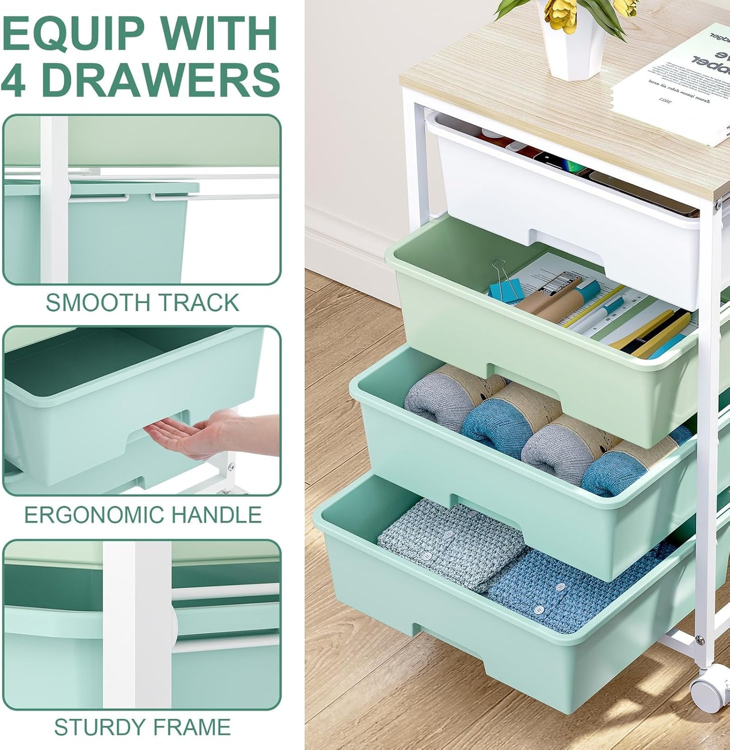 SYKIARIOL Utility Cart with 4 Drawers, Multipurpose Rolling Storage Cart with 4 Drawers and 2 Lockable Wheels, 4-Tier Rolling Storage Cart Organizer for Home Office Dorm, Bright White