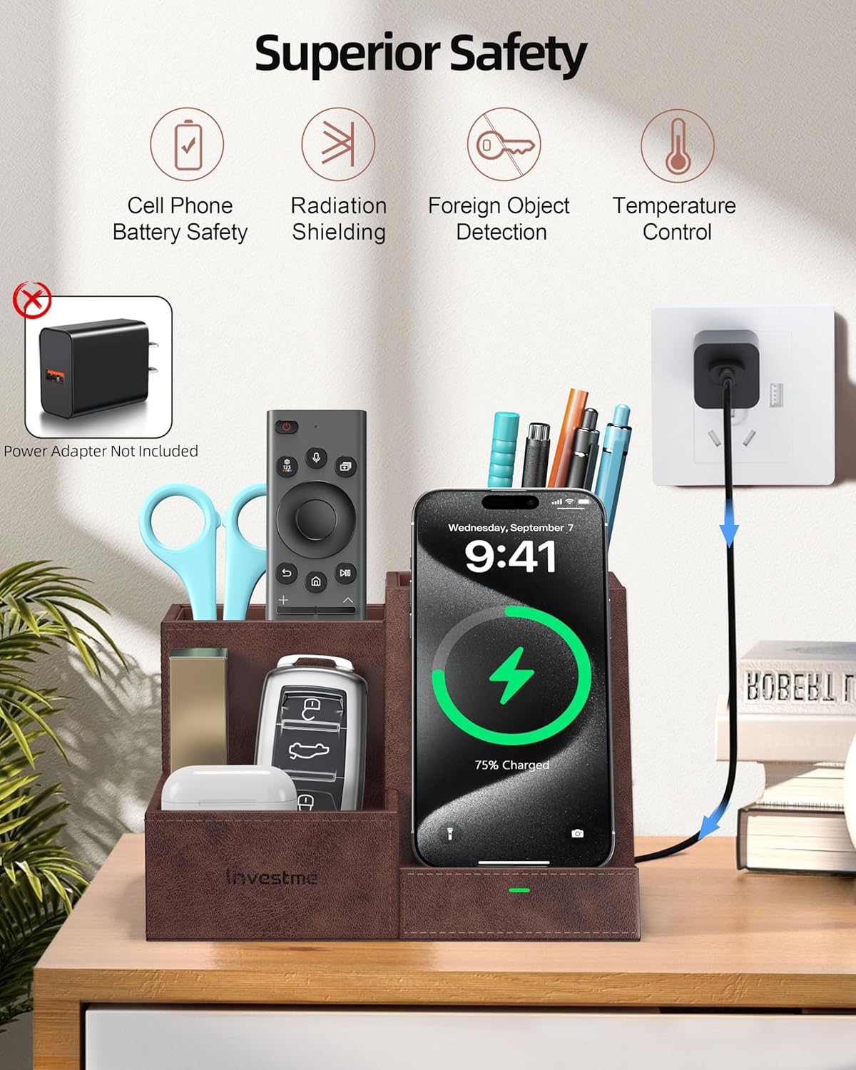 Wireless Charger with Desk Organizer, Pen Pencil Holder, Multifunctional Desktop Organizer, Office Supplies and Desk Accessories Organizer with 3 Compartments and 1 Phone Stand