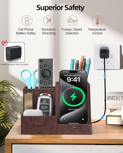 Wireless Charger with Desk Organizer, Pen Pencil Holder, Multifunctional Desktop Organizer, Office Supplies and Desk Accessories Organizer with 3 Compartments and 1 Phone Stand