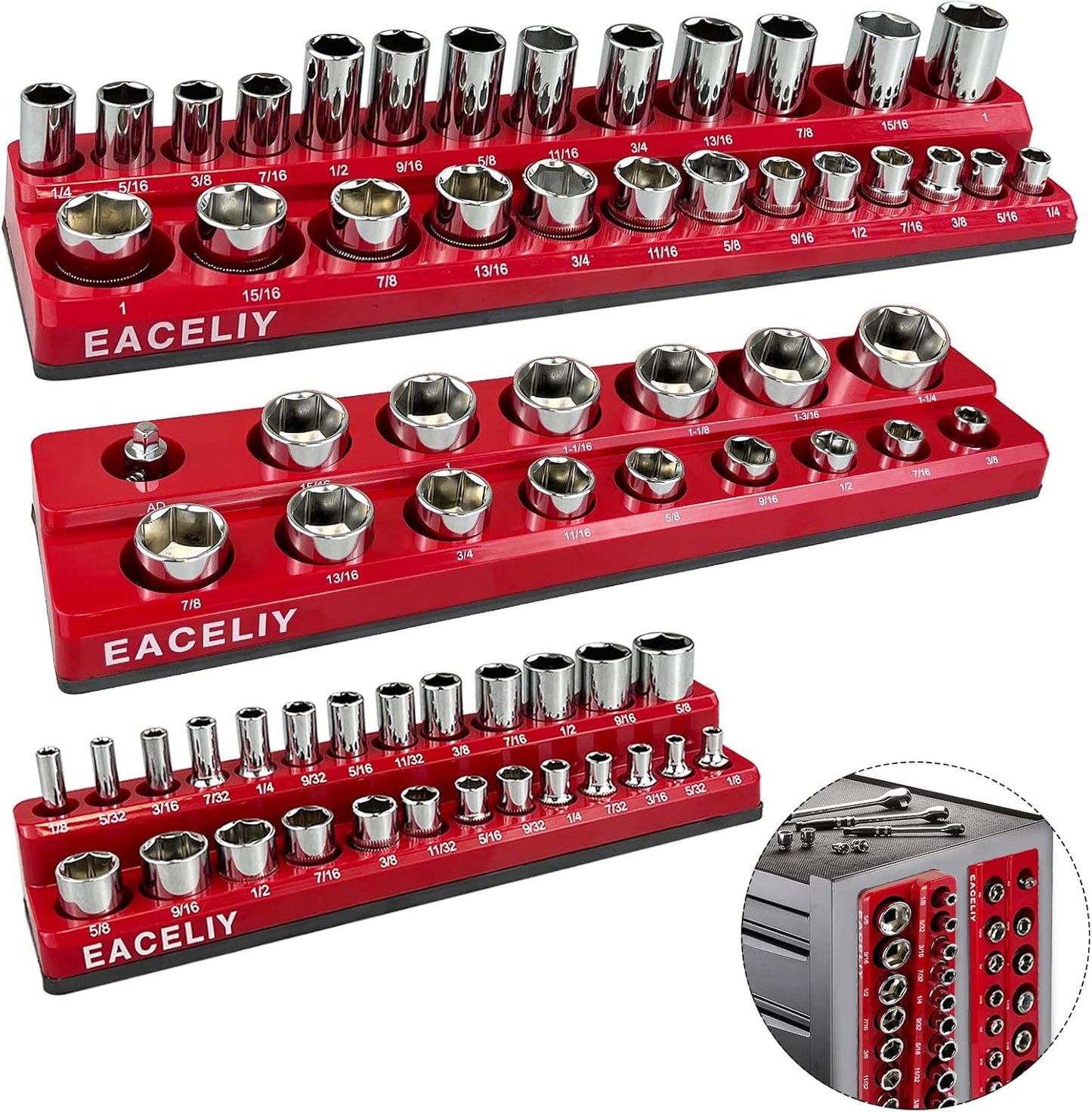 EACELIY 6-Piece Magnetic Socket Organizer Set, 1/2", 1/4" and 3/8" SAE & Metric Deep & Shallow Socket Holder Kit, holds 141 stanard Sockets, attaches to steel box/tool cart (sockets not included)