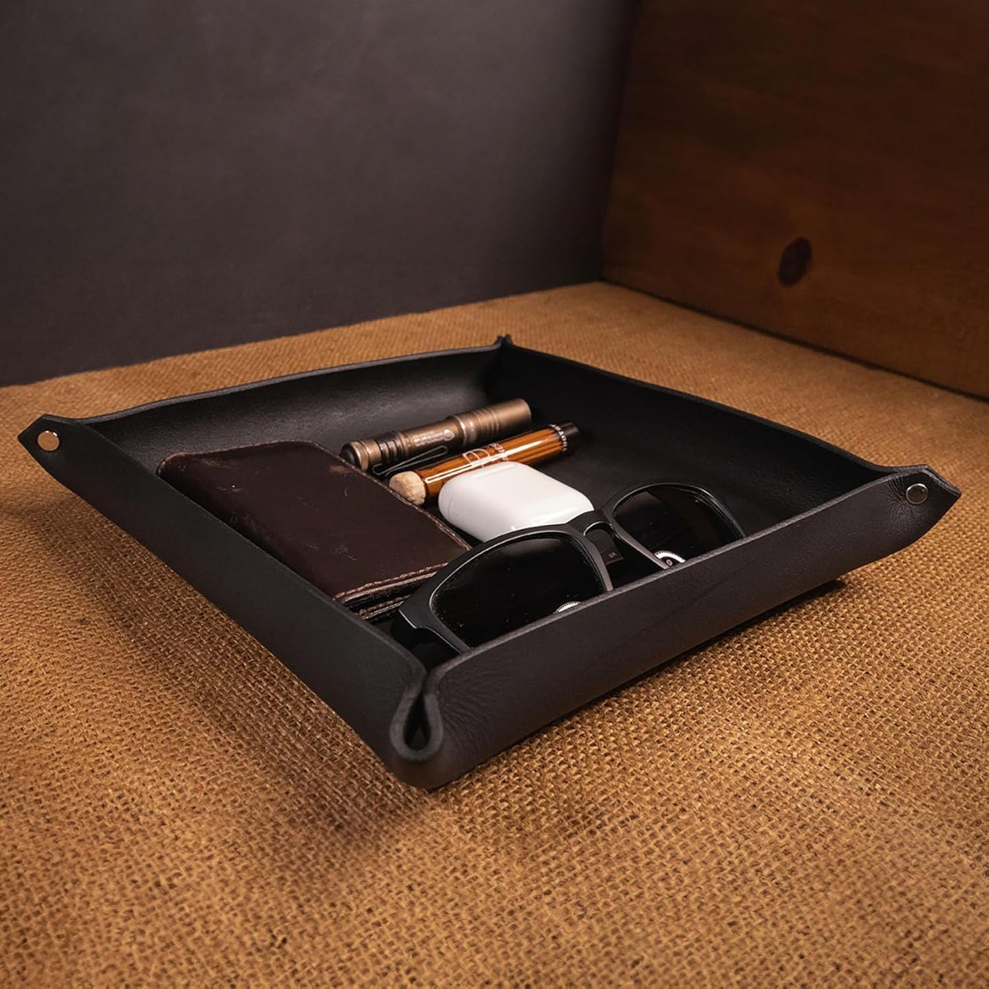 Valet Tray – Full-Grain Leather Catchall Organizer for Keys, Phone & Wallet – Rustic Nightstand & Desk Tray with Raised Sides – Handmade in USA (Vintage Brown, Small Rectangle)