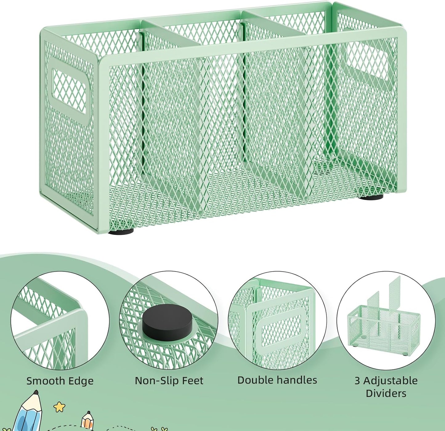 Marbrasse Mesh Pen Holder for Desk,Pencil Holder Desk Organizer 3 Adjustable Compartments,Pencil Cup with Handle Perfect for Classroom, Office, Home,Makeup,Art (Black)